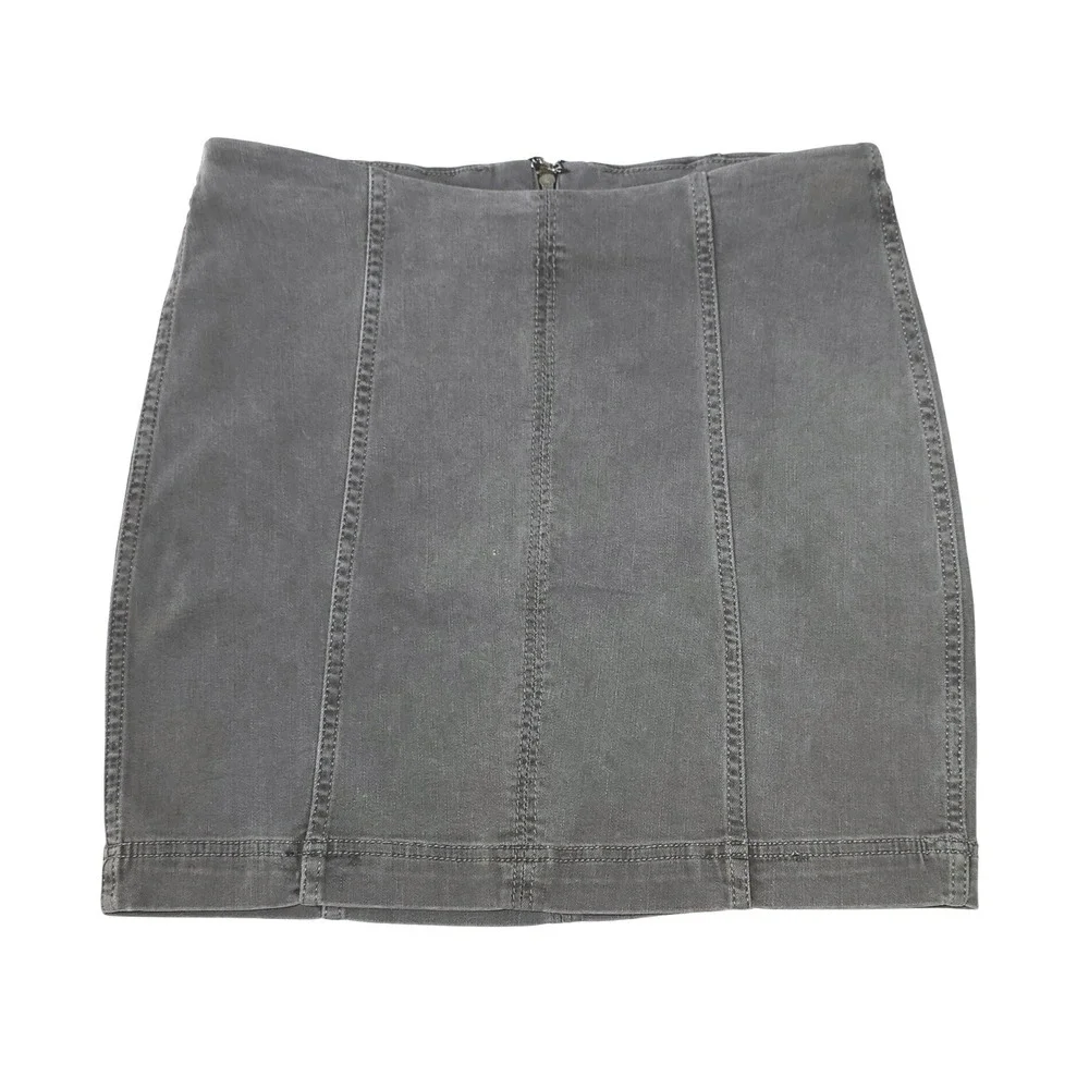 Free People Modern Femme Gray Denim Mini Skirt Size 10‎ Back Zip Stretch Seamed